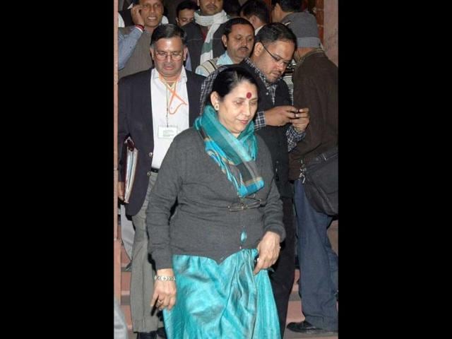 Minister of State for women and child development Krishna Tirath comes out of Parliament after voting on FDI, in New Delhi. (Agencies)