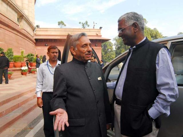 Congress leader Mani Shankar Aiyar and CPI leader D Raja at Parliament House in New Delhi. (Agencies)