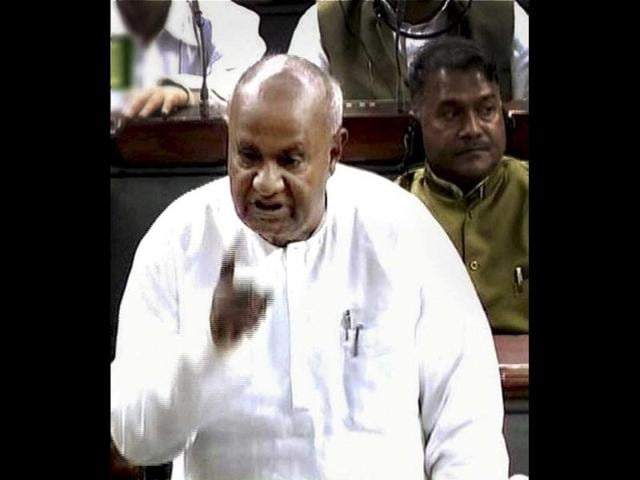 Former prime minister and JD-S chief HD Devegowda speaks in Lok Sabha in New Delhi. PTI Photo/TV grab
