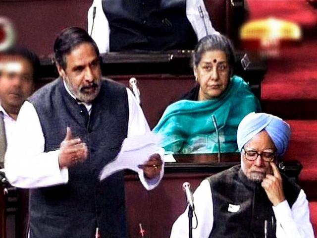 Commerce and industry minister Anand Sharma speaks during the debate on FDI in Rajya Sabha in New Delhi. Prime Minister Manmohan Singh is also seen. PTI/TV grab