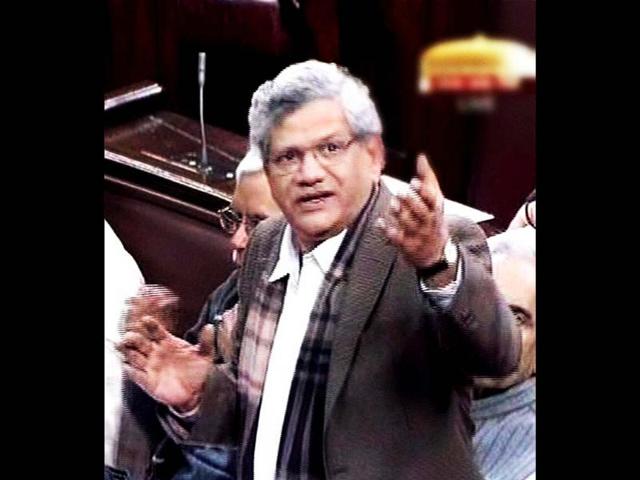 CPI(M) leader Sitaram Yechury speaks during debate on FDI in Rajya Sabha in New Delhi. PTI/TV grab