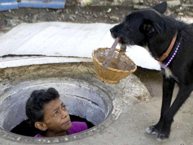 Colombian Maria Garcia looks at her dog frome the sewer where she lives in Medellin, Antioquia department, Colombia. Garcia and her husband Miguel Restrepo, 62, are homeless and have lived for more than twenty years in a sewer, near Medellin's downtown. AFP Photo