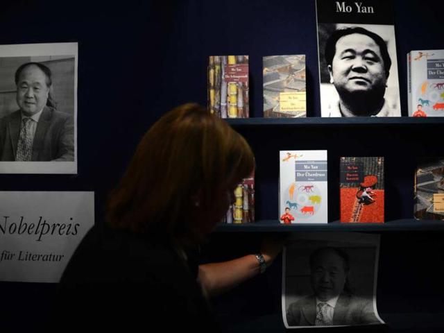 A-display-for-Chinese-author-Mo-Yan-the-2012-Nobel-Literature-Prize-winner-at-the-2012-Frankfurt-Book-Fair-Photo-AFP-Johannes-Eisele A-display-for-Chinese-author-Mo-Yan-the-2012-Nobel-Literature-Prize-winner-at-the-2012-Frankfurt-Book-Fair-Photo-AFP-Johannes-Eisele
