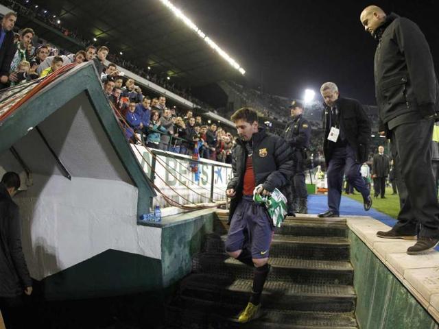 Barcelona's Lionel Messi from Argentina leaves the pitch at the end of their match against Betis during their La Liga soccer match at the Benito Villamarin stadium, in Seville, Spain. AP/Angel Fernandez