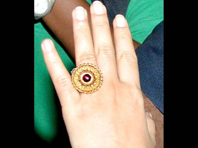 Vidya Balan was seen flaunting a gold and ruby ring, possibly her engagement one.