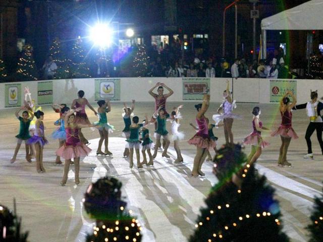 Ice skaters take part in the opening ceremony of an ice skating rink in Mexico City's historic Zocalo square. Reuters