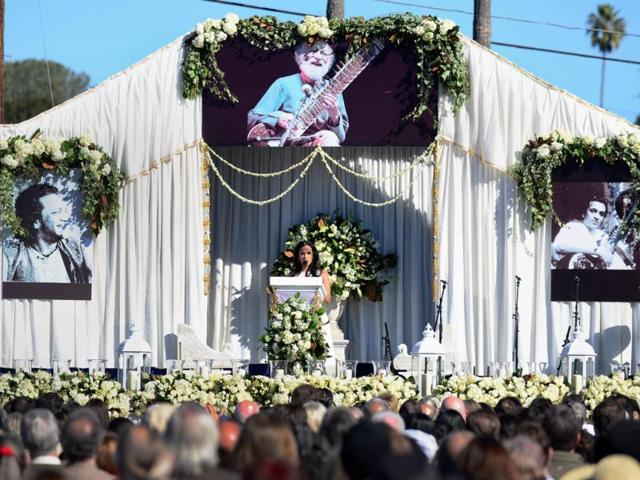 The late Ravi Shankar's daughter Anoushka Shankar speaks at the Ravi Shankar Memorial on the Self Realization Fellowship grounds in Encinitas in California. AFP Photo