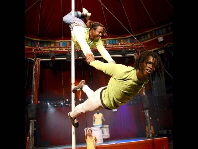 Artists of the Cirque Mandingue troop perform "Foté Foré" (White Black) in Paris. The Mandingue Circus, created in 2010, hosts young artists who grew up in disadvantaged streets of Guinea. AFP photo