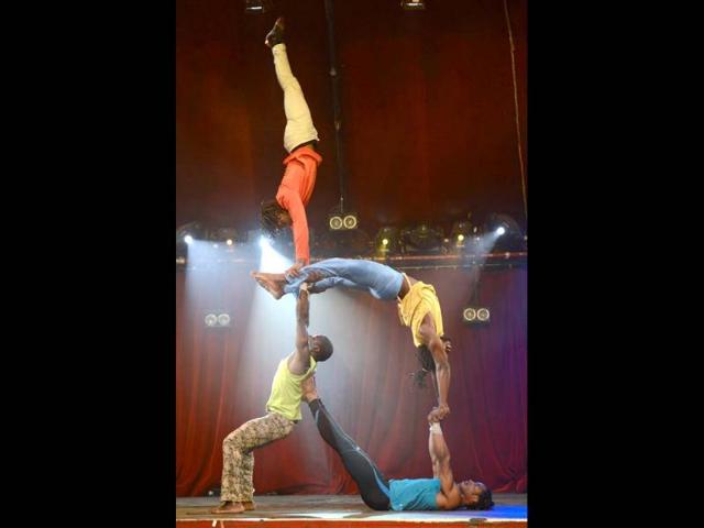 Artists perform the show "Foté Foré" (white black) at the cirque Mandingue at the Cabaret Sauvage in Paris. The Madingue Circus, created in 2010, hosts young artists who grew up in disadvantaged streets of Guinea. AFP photo