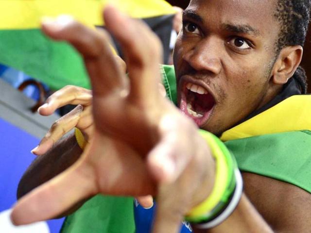 Jamaica's Yohan Blake celebrates after winning the men's 100m at the Diamond League Athletics meeting "Weltklasse" on August 30, 2012 in Zurich. AFP Photo