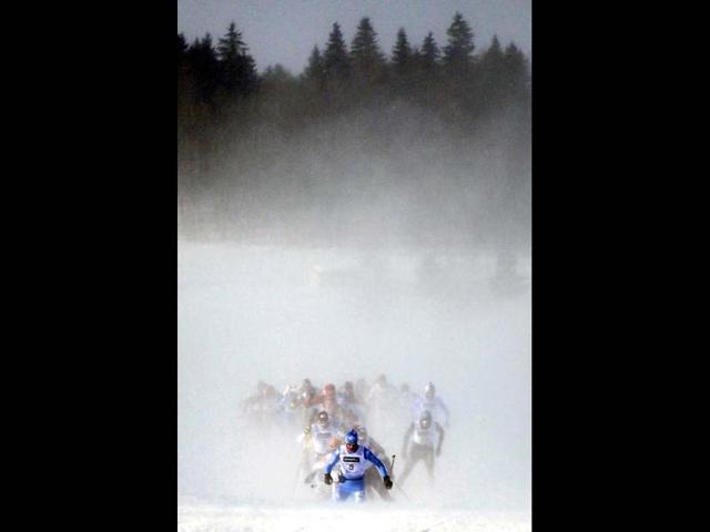 Participants compete during the Nordic Transjurassienne skiing race on February 12, 2012 in Lamoura, eastern France. Aliaksei Ivanou of Belarus won the event. AFP Photo