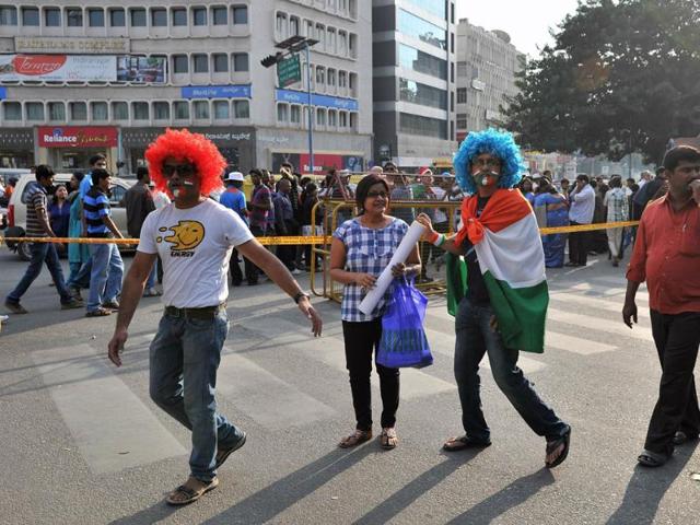 Cricket fans arrive outside M Chinnaswamy stadium in Bangalore. AFP/Manjunath Kiran