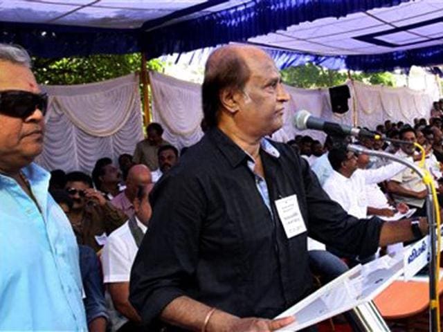 Superstar Rajinikanth speaks during a day-long fast organized by South Indian Film Artistes' Association (SIFAA) to protest against centre's service tax proposal in Chennai.(PTI Photo)