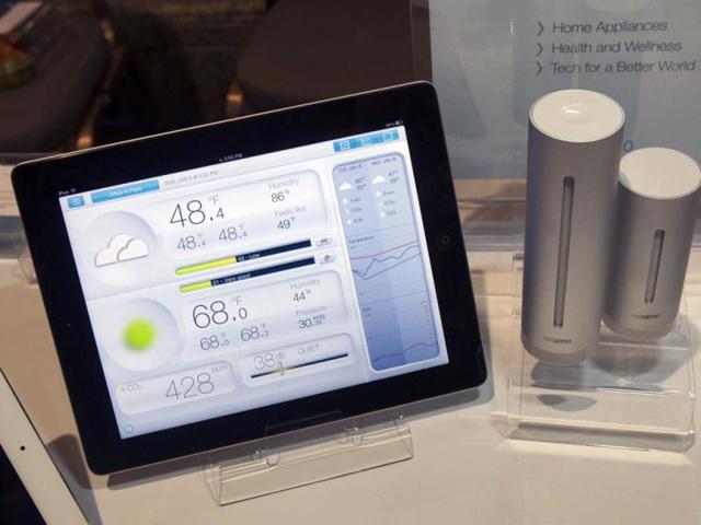 A Netatmo urban weather station on display at the opening press event of the 2013 International Consumer Electronics Show (CES) in Las Vegas. The personal indoor and outdoor weather station monitors a variety of conditions and sends the information to your wireless device. (Reuters)