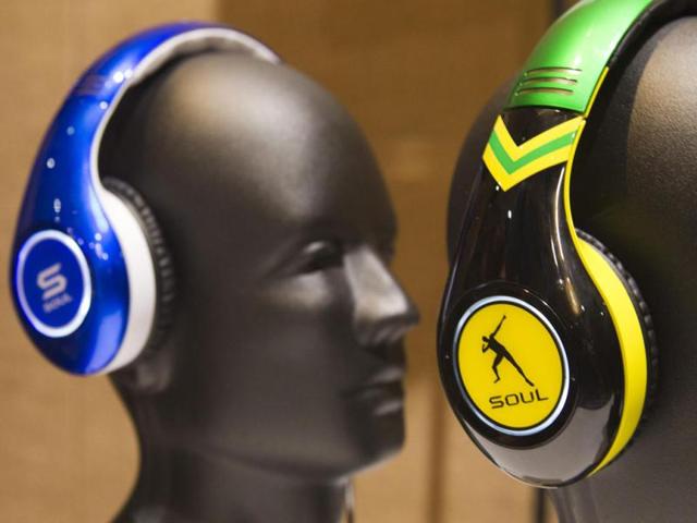 A Tim Tebow and Usain Bolt-themed Soul SL300 noise cancelling headphones on display at the Consumer Electronics Show (CES) in Las Vegas. The headphones retail for $299.00. (Reuters)