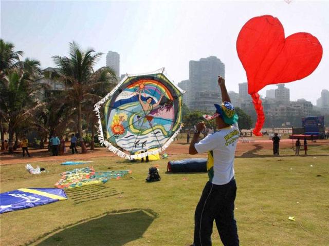 Participants fly huge colourful kites at the International Kite Festival in Mumbai. Kite-flyers from various countries participated in the day-long festival. PTI