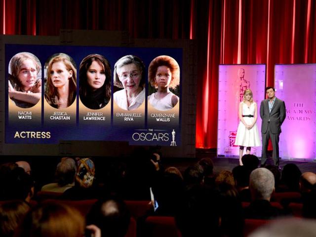 The Oscar nominees for Best Actress are announced by Seth MacFarlane and Emma Stone at the Samuel Goldwyn Theartre in Beverly Hills, California. AFP Photo