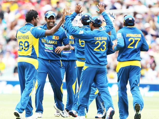 Sri Lanka celebrates the wicket of Australia's Aaron Finch during their One Day International cricket match in Adelaide, Australia. AP Photo