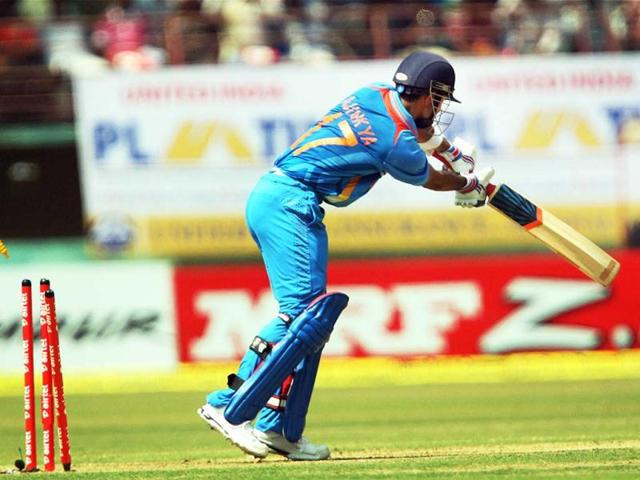 Ajinkiya Rahane is bowled out during the 2nd ODI match against England in Kochi. PTI Photo