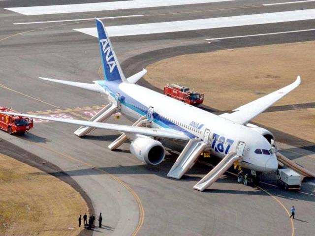 An ANA Boeing 787 Dreamliner is seen after making an emergency landing at Takamatsu airport in western Japan. Reuters/Kyodo