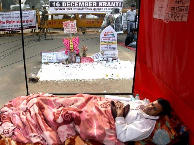 A protester on fast over women atrocities at Jantar Mantar in New Delhi. PTI Photo