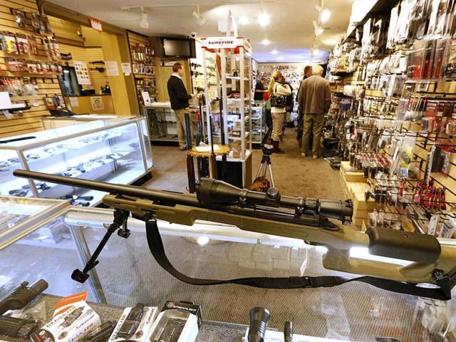 A sniper rifle is on display to purchase at the 'Get Some Guns' shooting range in Salt Lake City, Utah. Lawmakers are calling for tougher gun legislation after recent mass shootings at an Aurora, Colorado movie theater and at Sandy Hook Elementary School in Newtown, Connecticut. AFP