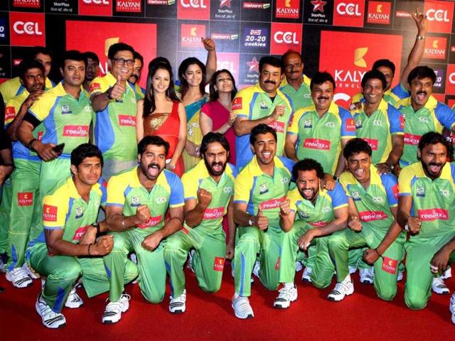 Kerala Strikers team members pose for a photo for Celebrity Cricket League Season 3 curtain raiser event at Reliance Mediaworks Studio in Filmcity, Mumbai.