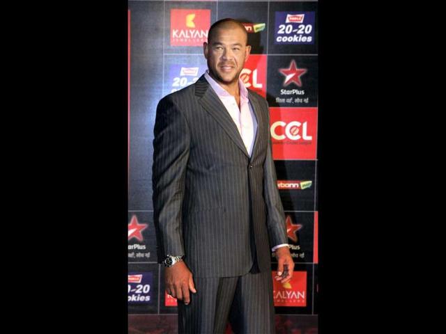 Speaking of cricket: Cricketer Andrew Symonds poses for a photo for Celebrity Cricket League Season 3 curtain raiser event in Mumbai on Saturday..