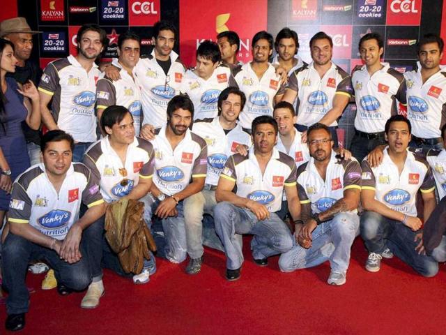 Members of Heroes Team pose for a photo for Celebrity Cricket League Season 3 curtain raiser event in Mumbai on Saturday.