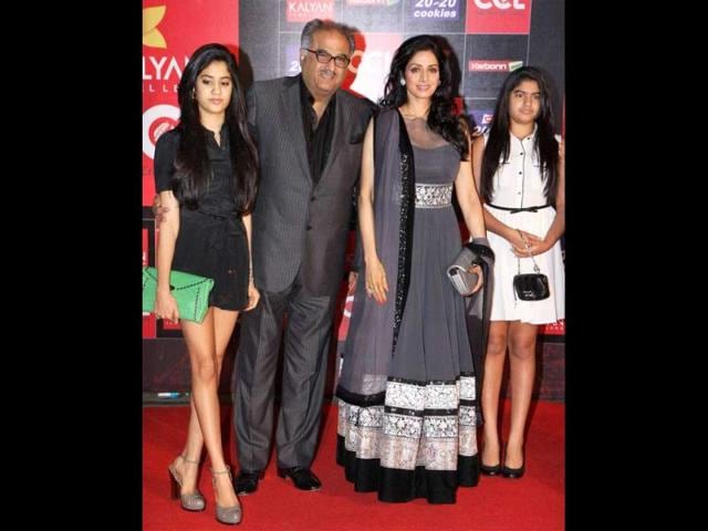 We are family: Sridevi with her husband and film producer Bony Kapoor and their daughters pose for a photo for Celebrity Cricket League Season 3 curtain raiser event in Mumbai.
