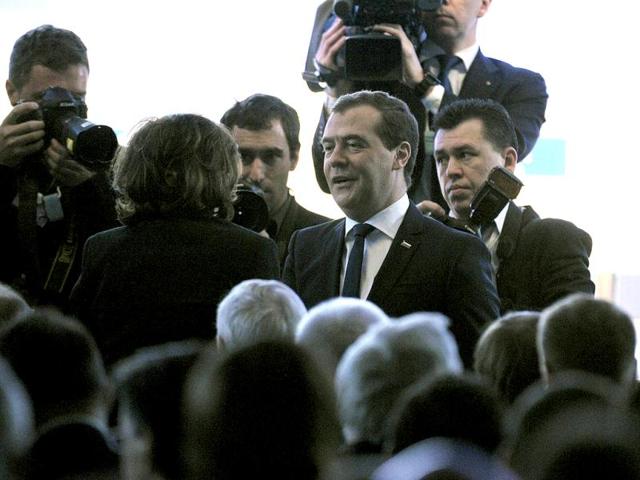 Russia's Prime Minister Dmitry Medvedev arrives for a special address to participants during the World Economic Forum annual meeting in Davos. The meeting gathers some of the world's leading politicians and economists, and is viewed as a global think tank forum. AFP photo