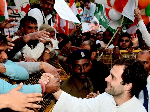 Congress vice president Rahul Gandhi meets supporters at AICC headquarters in New Delhi. PTI Photo by Subhav Shukla