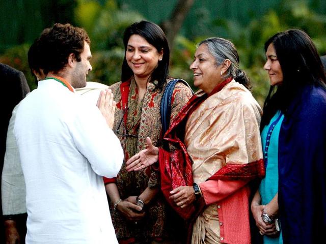 Congress vice president Rahul Gandhi interacts with women party leaders before holding a meeting at his office at AICC headquarters in New Delhi. PTI Photo