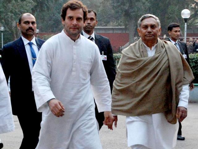 Congress vice president Rahul Gandhi with senior party leader Janardan Dwivedi arrives at the AICC headquarters in New Delhi. Agencies
