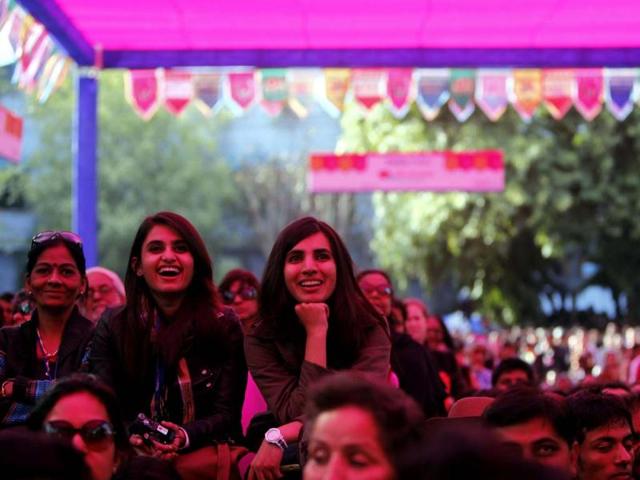 People share a laugh with His Holiness the Dalai Lama in conversation with Pico Iyer at the Jaipur Literature Festival 2013 in Jaipur, Rajasthan. Photo by M Zhazo/Hindustan Times