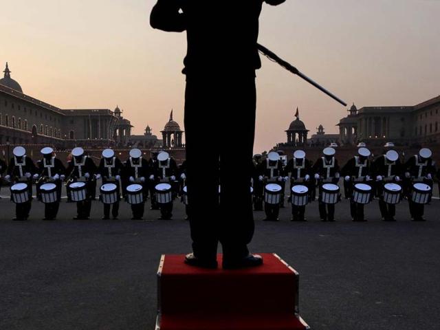 Members of military band rehearse for Beating the Retreat ceremony at Raisina hill which houses country's most important ministries and the presidential palace in New Delhi. AP/Manish Swarup