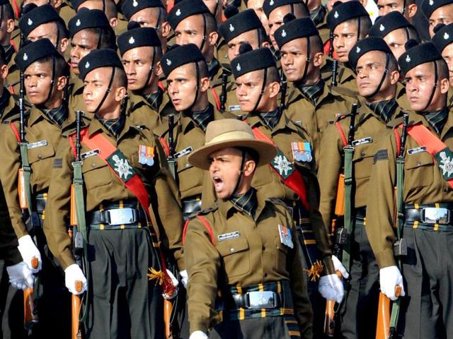 Soldiers march down the ceremonial boulevard Rajpath during the Republic Day parade in New Delhi. India marked its Republic Day with celebrations held under heavy security, especially in New Delhi where large areas were sealed off for the annual parade of military hardware at which Bhutan's king Jigme Khesar Namgyel Wangchuck was chief guest. AFP Photo