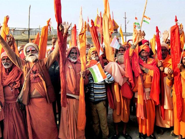 Sadhus celebrate Republic Day at Maha Kumbh Mela at Allahabad. PTI Photo