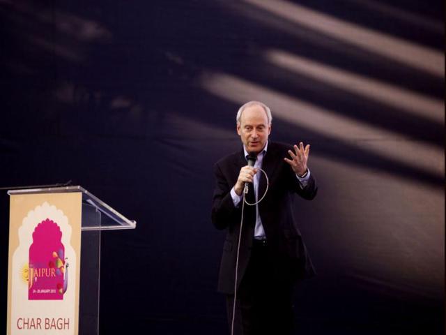 Michael Sandel delivering a speech at the Jaipur Literature Festival. (HT Photo)