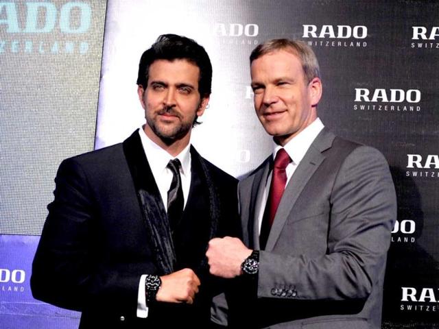 Hrithik Roshan poses with Rado CEO, Matthias Breschan, during a promotional event in Mumbai.