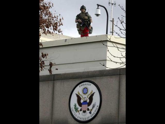 A US soldier stands guard at the entrance of the US embassy in Ankara. Reuters