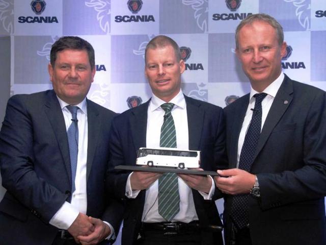Anders-Grundstromer-MD-Scania-Commercial-Vehicles-India-Henrik-Fagrenius-Executive-Regional-Director-for-Southern-Africa-Asia-amp-Ocenia-Kristen-Thulin-Marketing-Director-Buses-amp-Coaches-Scania-CV-India-at-the-launch-of-Scania-Bus-in-Mumbai-on-Thursday-Photo-UNI Anders-Grundstromer-MD-Scania-Commercial-Vehicles-India-Henrik-Fagrenius-Executive-Regional-Director-for-Southern-Africa-Asia-amp-Ocenia-Kristen-Thulin-Marketing-Director-Buses-amp-Coaches-Scania-CV-India-at-the-launch-of-Scania-Bus-in-Mumbai-on-Thursday-Photo-UNI