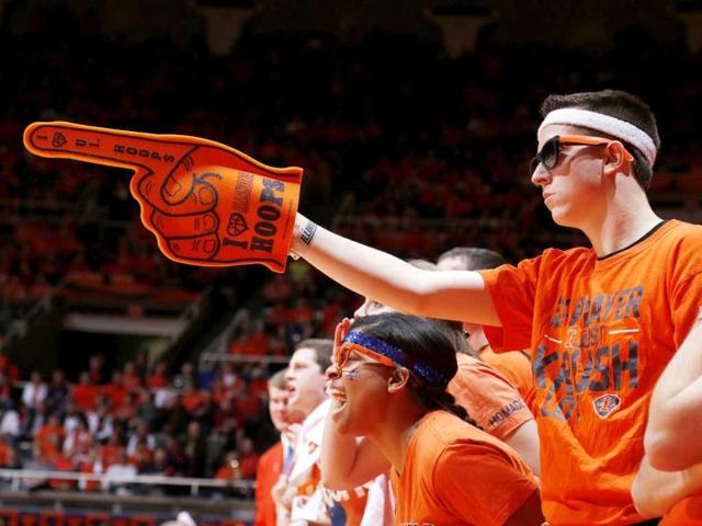 Illinois Fighting Illini fans cheer against the Indiana Hoosiers during the game at Assembly Hall in Champaign, Illinois. Illinois defeated No. 1 ranked Indiana 74-72. AFP