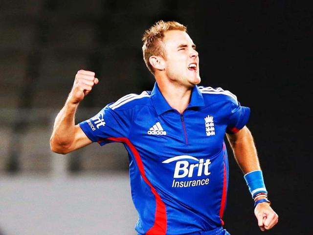 England's Stuart Broad reacts during their first Twenty20 cricket match against New Zealand at Eden Park in Auckland. Reuters/Simon Watts