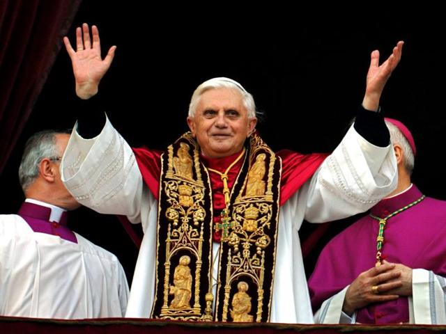 This April 19, 2005 file photo shows Pope Benedict XVI greeting the crowd from the central balcony of St Peter's Basilica moments after being elected, at the Vatican. AP/Domenico Stinellis/Files
