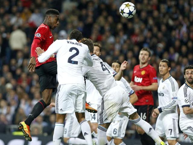 Manchester United's Danny Welbeck scores the opening goal during the Champions League match between Real Madrid and Manchester United at the Santiago Bernabeu stadium in Madrid. AP