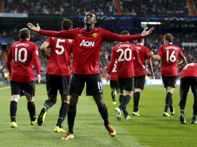 Manchester United's Danny Welbeck celebrates after scoring the opening goal against Real Madrid during their Champions League soccer match at Santiago Bernabeu stadium in Madrid. Reuters