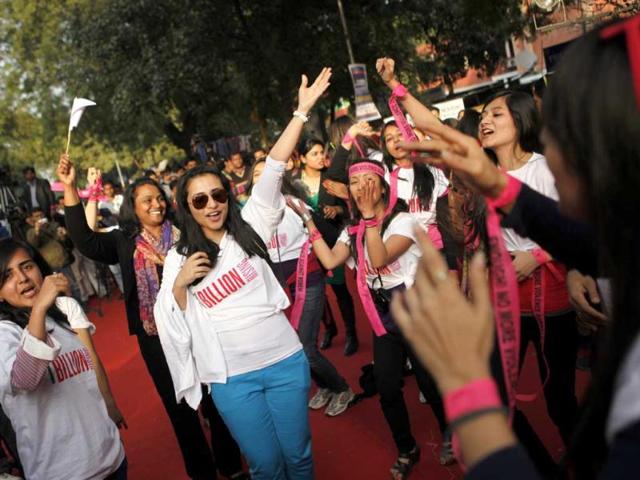 People from various organisation participating in the 'One Billion Rising' campaign at Parliament Street in New Delhi. M Zhazo/HT Photo