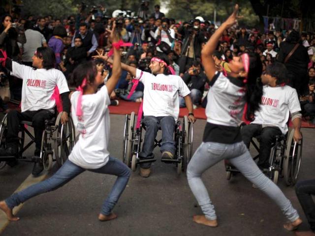 Activists perform a dance in an event to support 'One Billion Rising global campaign in New Delhi. AP Photo