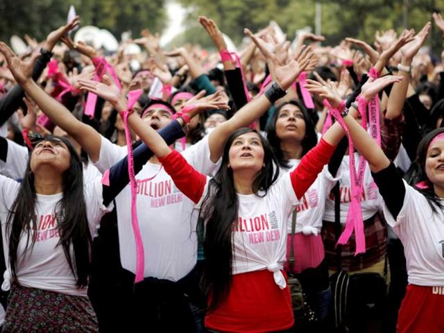 People from various organisations participating in the 'One Billion Rising' campaign at Parliament street in New Delhi. M Zhazo/HT Photo